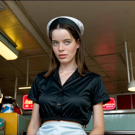 <lora:NatasjaDragic:1>  Natasja Dragic posing for a photo as a waitress in a 60s diner , 4k, raw, fashion, masterpiece