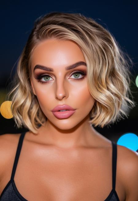 cityscape, nighttime, neon signs, twinkling, ambiance, analog, ch4n3lsan, <lora:Chan3lSan-sdxl:1>, 1girl, makeup, (olive skin), smoky eye, contour makeup, cheekbones, big lips, glossy lipstick, short hair, bobbed hair, wavy, blonde, athleisure wear, portrait, solo, looking at viewer, bokeh, focus, film, velvia, artistic, best quality, photograph, focus