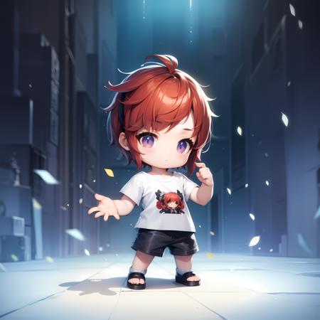 ((masterpiece, best quality)),(complex lighting), solo, full body, 1boy,red hair,short hair,shirt,shorts, <lora:maplestory_2_ver1-10:0.8>,chibi,