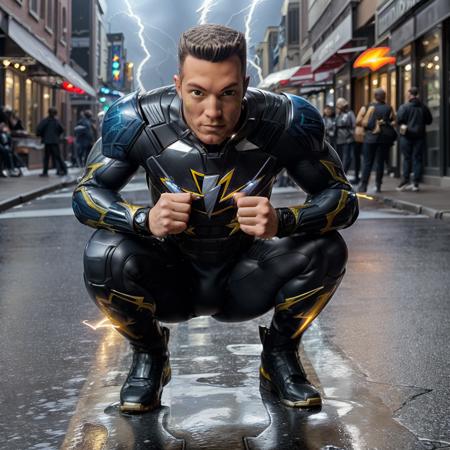 upper body, <lora:Buzz:1> Buzz as a superhero, futuristic, black hi-tech armored suit, (large lightning bolt logo on chest:1.3), crouching on city sidewalk, facing viewer