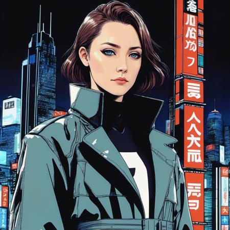 ((90s Anime style illustrattion)) drawing of a closeup on face of woman wearing a long matrix coat,futuristic city in the background, akira, 2D,  saoxronan,   <lora:saoronan_juggerX_xl_1_st_wocap_merger_60_111_03_07-saoxronan:1.0>
