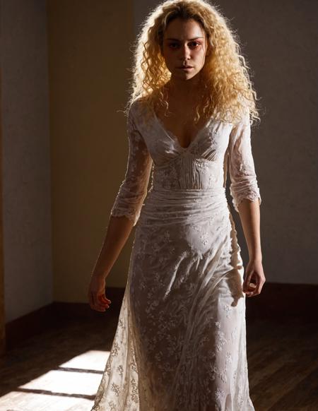 high resolution raw dslr full body shot photo of tatms,a woman,long blonde curly hair,red countour eyes,white long dress,standing barefoot in a room,front view,looking at viewer,dark,dimly lit,illuminated from behind,realistic skin texture,pores,sunny,sweaty skin,cinematic,depth of field,masterpiece,volumetric lighting,cinematic,surreal dramatic shadow,rim lighting