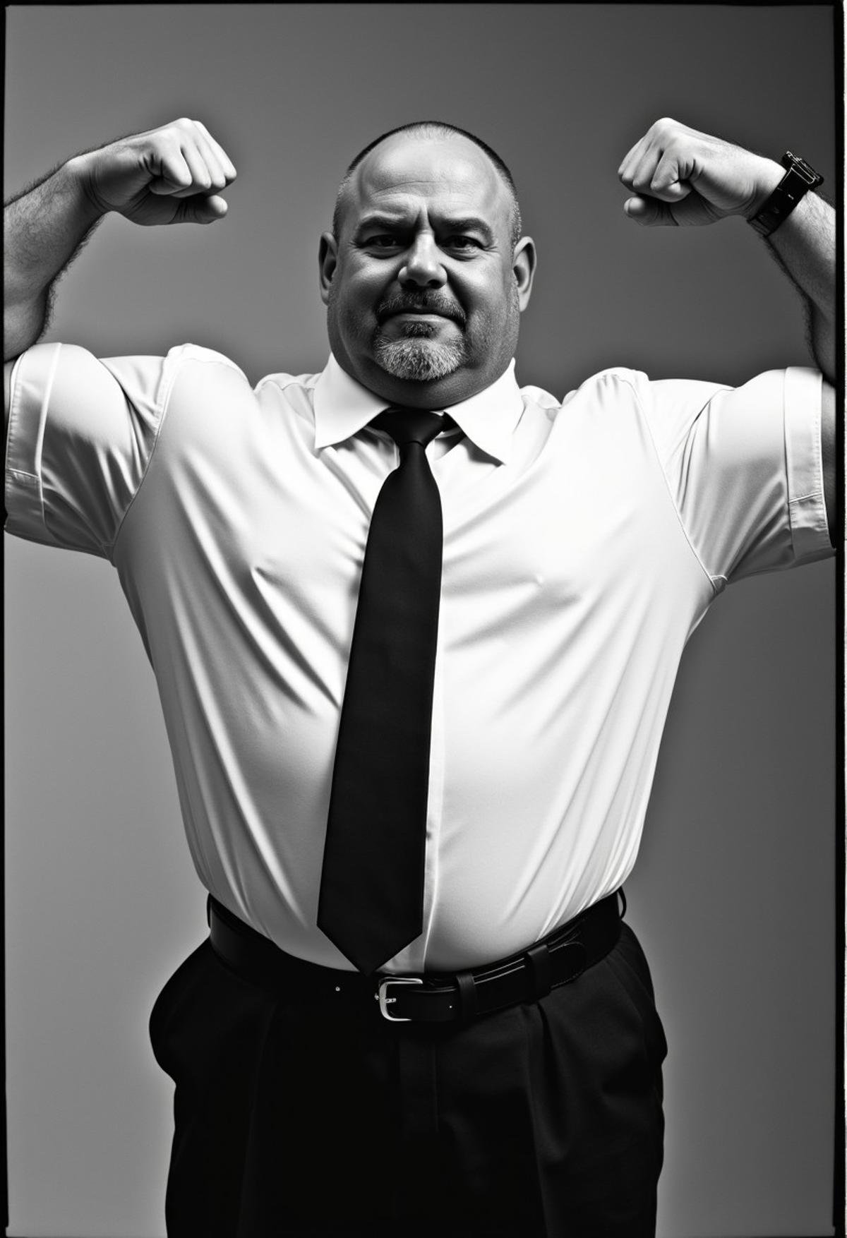 A classic 1950s-inspired photograph of a huge, massive musclebear man in his 50s, balding with a rugged complexion. He stands confidently, flexing his enormous arms, showcasing impressive biceps and a prominent bull neck. Wearing a crisp white dress shirt with short sleeves and a sleek black tie, he exudes power and masculinity. The image is captured using a vintage 35mm camera, presented in timeless black and white film.