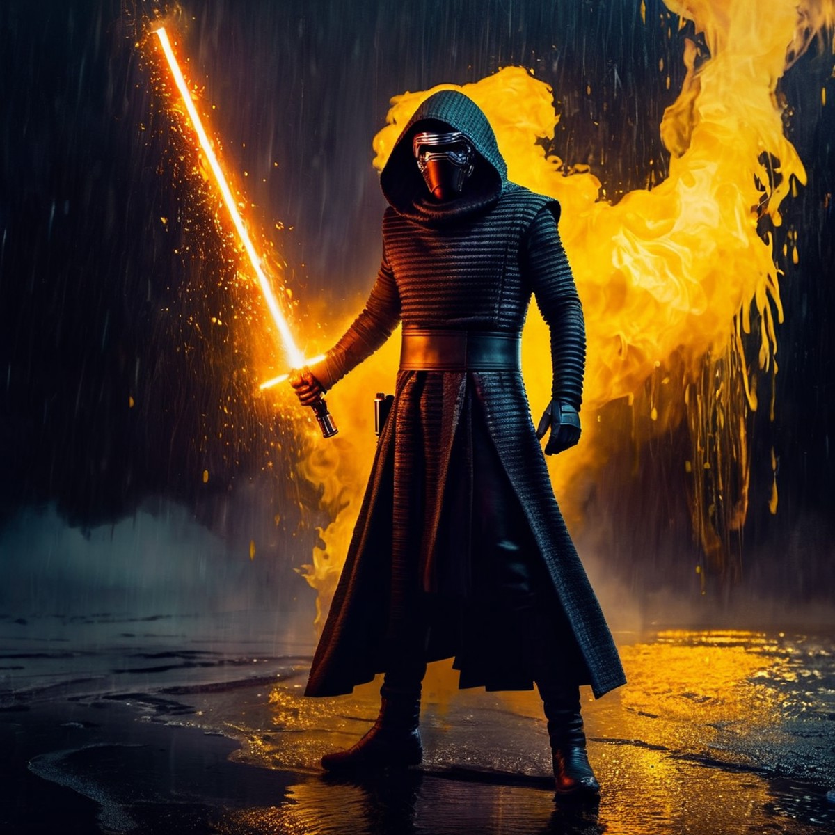 Dark Fantasy Art of  <lora:Kylo Ren:1.2>
Kylo Ren an realistic photo of a man in a dark suit holding a  lightsaber with ye...