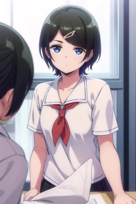 aitanahara, <lora:ai tanahara anime s1-lora-nochekaiser:1>, 
ai tanahara, short hair, black hair, hair ornament, (brown eyes:1.3), hairclip, (swept bangs:1.5), (flat chest:1.2),
BREAK shirt, white shirt, collared shirt, neckerchief, red neckerchief, skirt, black skirt,
BREAK indoors, classroom,
BREAK looking at viewer,
BREAK <lyco:GoodHands-beta2:1>, (masterpiece:1.2), best quality, high resolution, unity 8k wallpaper, (illustration:0.8), (beautiful detailed eyes:1.6), extremely detailed face, perfect lighting, extremely detailed CG, (perfect hands, perfect anatomy),