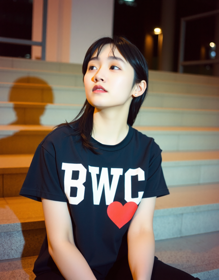 korean woman with very pale skin and black hair and wearing t-shirt with the word "BWC" and a heart stamped on it in bold white letters and wearing no makeup and no lipstick, looking away, outdoors at night, sitting on concrete stairs, candid photo, analog photography with film grain