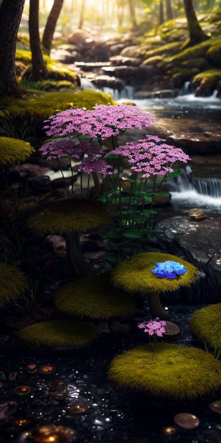 masterpiece, best quality, high quality, extremely detailed CG unity 8k wallpaper, no humans, scenery, nature, tree, outdoors, forest, blurry, mushroom, moss, day, depth of field, bug, grass, water, flower, fantasy, rock, plant, sunlight ,oil paiting, award winning photography, Bokeh, Depth of Field, HDR, bloom, Chromatic Aberration ,Photorealistic,extremely detailed, trending on artstation, trending on CGsociety, Intricate, High Detail, dramatic, art by midjourney