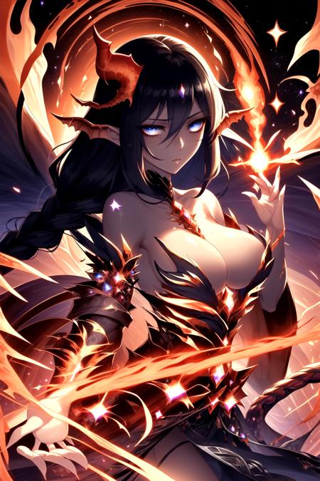 4k, high quality, high-res, the fiery beautiful sorceress, adorned in robes of shimmering crimson, unleashes torrents of scorching spells upon the colossal dragon, weaving flames that engulf the massive creature, leaving trails of searing heat in their wake, she confronts the mighty dragon with fierce determination and mastery of her pyrokinetic arts, 1girl, freckles, dark blue eyes, starry eyes, black hair, (single braid: 1.2), slender figure, perfect detailed face, perfect detailed , ultra detailed body, ultra detailed hands <lora:ral-dreamguardian-sd15:1> ral-dreamguardian