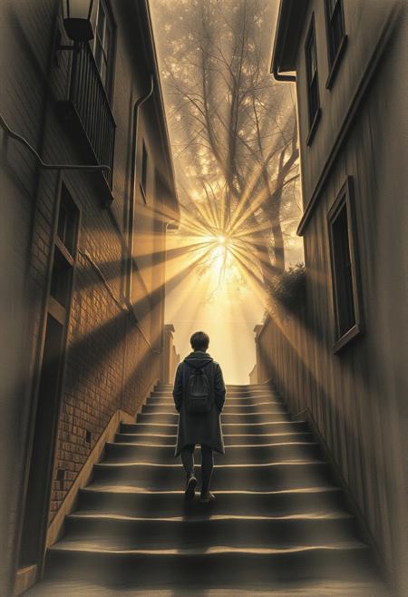 Volumetric lighting enhances a detailed charcoal drawing of a person on old house steps, looking towards a tree-lined street in golden light. Light beams pierce through dust or fog, creating a dramatic effect. 8k resolution, professional quality.