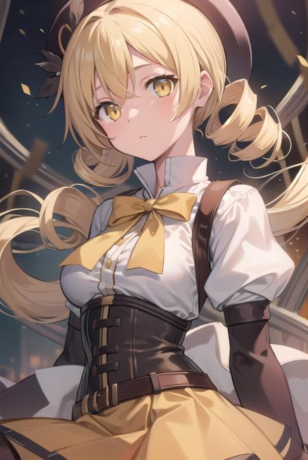 mamitomoe, <lora:mamitest:1>, mami tomoe, blonde hair, drill hair, twin drills, (yellow eyes:1.3),
BREAK boots, brown footwear, brown gloves, corset, detached sleeves, fingerless gloves, gloves, hat, juliet sleeves, knee boots, long sleeves, magical girl, puffy sleeves, skirt, striped, striped thighhighs, thighhighs, thighs, vertical stripes, vertical-striped thighhighs, yellow skirt
BREAK city,
BREAK looking at viewer,
BREAK <lora:GoodHands-vanilla:1>, (masterpiece:1.2), best quality, high resolution, unity 8k wallpaper, (illustration:0.8), (beautiful detailed eyes:1.6), extremely detailed face, perfect lighting, extremely detailed CG, (perfect hands, perfect anatomy),