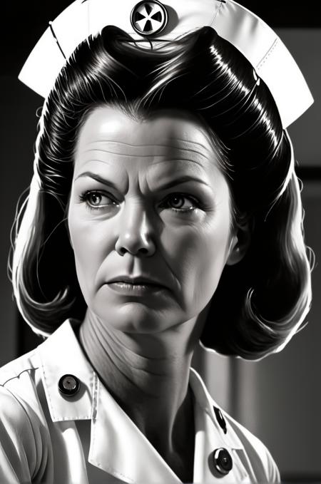 Nurse Ratched woman Nurse Ratched in her office, captured in a noir comic book style, shadows casting across her face, thought bubble revealing her inner thoughts, high contrast