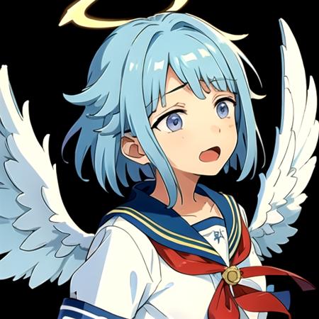 <lora:HajimeES-08:0.8>, hajimees, 1girl, short hair, open mouth, blue eyes, simple background, school uniform, wings, blunt bangs, sailor collar, chibi, halo, flying sweatdrops, blue sailor collar, black background, angel wings, angel, light blue hair