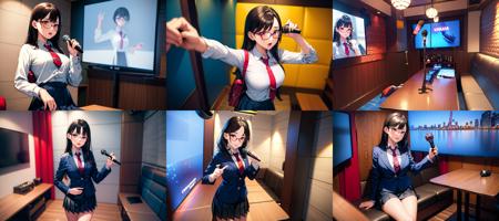 masterpiece, best quality, ultra-detailed, illustration,
(1girl:1.4),solo, glasses, ,teenage,  black hair, school bag, white collared shirt, dark red necktie, navy blue pleated skirt, blazer,
karaokeroom, karaoke, microphone,