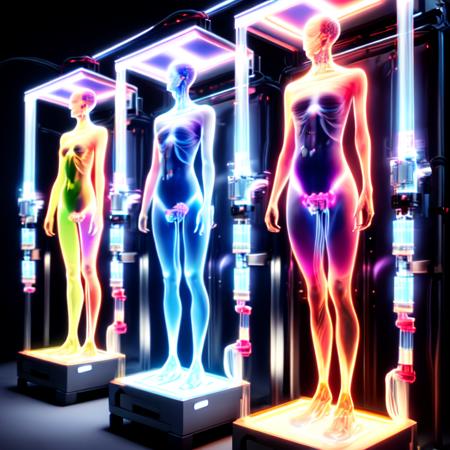 photo, scifi photonic cloning equipment, human bod forms from vibrant (colored glowing smoke:1), hi tech machine rack (photoniccloning style:1)  <lora:djzPhotonicCloning:0.8>