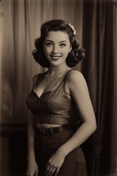 retro pin up photo , (Sepia:1.2), a jazz singer, bar lightings,1950s Fashion, MAKEUP ,Shoulder out, poses in front of the camera, Hollywood Smile, realistic photo 、