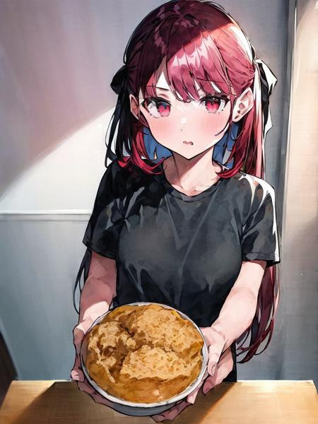 (((((1girl))))), red hair,small breasts, pink eyes, blue apron,black shirt, holding bowl, fagao, food, female focus, upper body,kitchen, 2d,  <lora:fagao:1>, masterpiece, best quality,