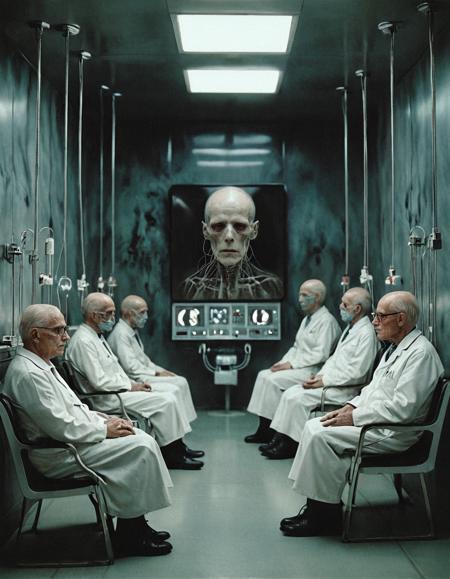 Minimalist style Hyperrealistic art Horror-themed Surrealist art breathtaking group of elderly humans seated in a sterile observation chamber, thin oxygen lines connected to their noses, faces glazed in subdued focus, subtle medical implants beneath their skin, background filled with dozens of blurred human faces on screens forming a digital wall, soft tungsten lighting creating warm nostalgic haze, slow focus falloff, photographed on Kodak Portra 800, Canon EOS-1V with 35mm f/2 lens, tone of collective memory outsourcing and passive data immersion,<lora:add-detail-xl:1>,OverallDetailXL,ArsMovieStill,<lora:MJ52_v2.0:0.7>,<lora:EldritchCandids1.1.2:0.75>,<lora:EpicF4nta5yXL:0.4>,<lora:Year_3000_Movie_Stills:0.5>,<lora:10s_Retro_Movie:0.35> . award-winning, professional, highly detailed . Dreamlike, mysterious, provocative, symbolic, intricate, detailed . Eerie, unsettling, dark, spooky, suspenseful, grim, highly detailed . Extremely high-resolution details, photographic, realism pushed to extreme, fine texture, incredibly lifelike . Simple, clean, uncluttered, modern, elegant
