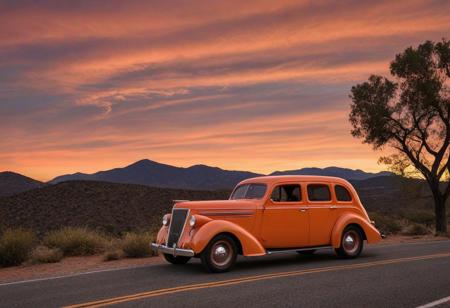 motor vehicle, car, no humans, tree, road, outdoors, scenery, sky, orange sky, sunset, mountain, vehicle focus, evening, nature, mountainous horizon, forest, cloud, location, dusk, twilight, red sky, hill, rock, gradient sky, desert, grass, orange background, bush, solo, (1936 Willys 77 4-Door Sedan)