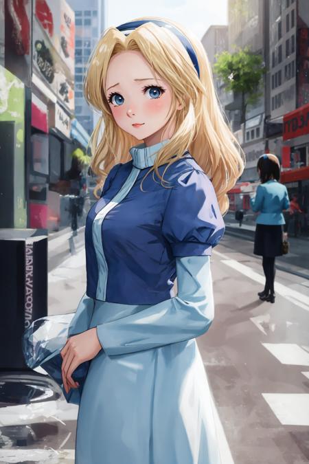 mariarobotnik, portrait, long hair, blonde hair, blue hair, hairband, blue dress, puffy sleeves, embarrassed, looking at viewer, city <lora:maria_robotnik-v2:1>