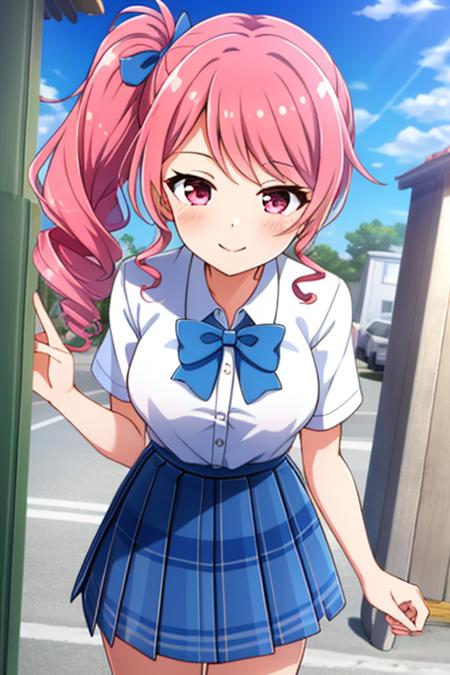 masterpiece, best quality, ameyaerika, pink hair, drill hair, side ponytail, hair bow, long hair, pink eyes, breasts, white shirt, short sleeves, blue bowtie, blue skirt, pleated skirt, plaid skirt, school uniform, smile.