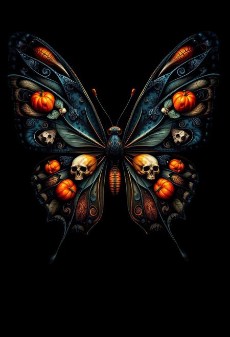 "Create a hyper-stylistic image of a butterfly with its wings splayed out in a dramatic, symmetrical pose. The wings themselves are a masterpiece of Halloween-themed design, with intricate, swirling patterns that resemble skulls and pumpkins. The skulls are delicate and ornate, with tiny details and textures that give them a lifelike quality. The pumpkins are similarly detailed, with ridges and crevices that make them look like they were plucked straight from a patch. The background is a deep, rich black, which allows the vibrant colors of the wings to pop and shine. Incorporate intricate details and textures to bring the butterfly and its wings to life, with a focus on capturing the sense of wonder and magic that comes with Halloween." highest-Quality, intricate details, visually stunning, Masterpiece