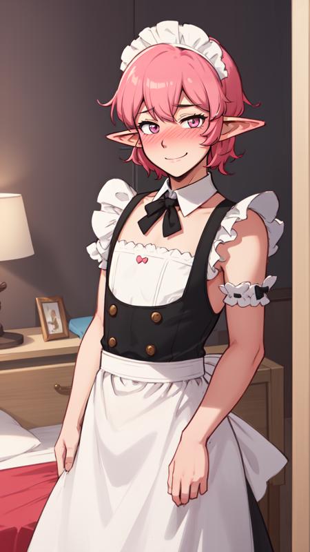 (masterpiece, best quality:1.2), (1boy, otoko no ko:1.1), blush, smile, solo, male focus, looking at viewer, indoors, bedroom, simple background, elf, pointy ears, cinnabar hair, salmon pink eyes, maid uniform