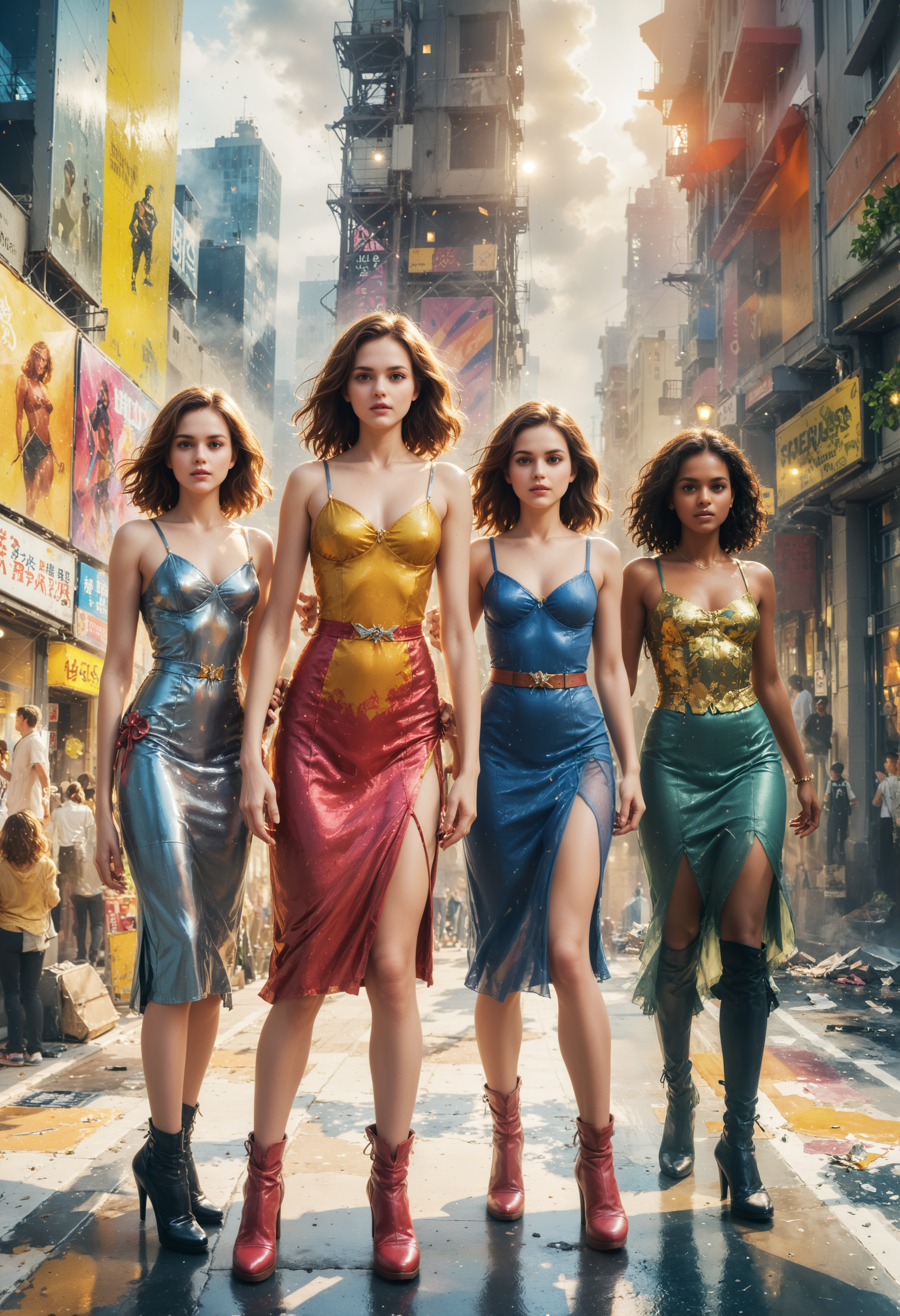 a group of superheroes midi dress and flatsed in metallic midi dress and flatss
