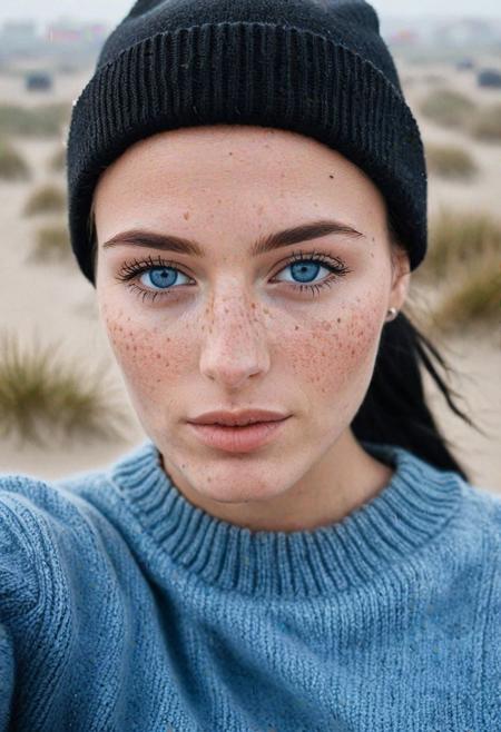 Stunning analogue photo of a beautiful 25 years old Dutch woman, making a selfie to send to her boyfriend, sweater, leather jacket, beanie, perfect face, absolute beauty, sexy pose, natural raven black hair, ponytail, blue eyes, freckles, freckles and moles all over body, absolute perfect tits, big tits, soft natural tits, Dunes along the Dutch coastline, early morning, very foggy, soft natural early morning light, ultra realistic, extremely detailed