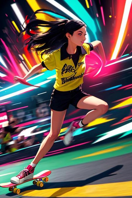 a leroynieman style painting of 1girl, A closeup of a skateboarder mid-trick in a vibrant urban skate park, the background is a blur of neon colors, with streaks of red, yellow, and blue highlighting the movement and energy, the dynamic brushstrokes emphasizing the skateras speed and skill, surrounded by a vibrant, cheering blur of the crowd.