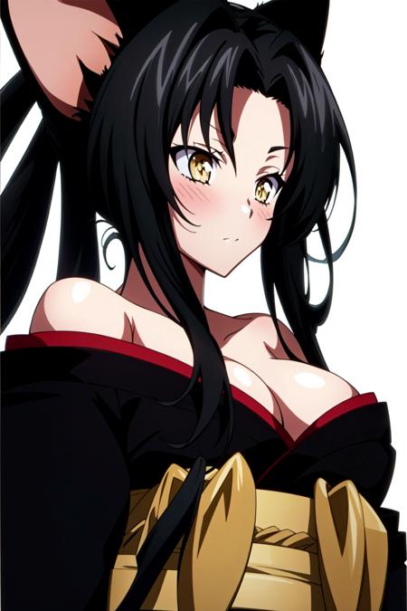 (masterpiece, Best Quality, Extremely Detailed, Ultra Quality, 4k), <lora:OGT_Kuroka_Toujou-v1:1> Kuroka Toujou, 1girl, breasts, animal ears, solo, black hair, cat ears, cleavage, japanese clothes, large breasts, hair rings, kimono, bare shoulders, long hair, off shoulder, makeup, slit pupils, upper body, yellow eyes, anime coloring, sash, lipstick, black kimono