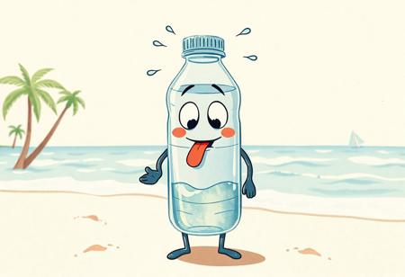 A 1930s cartoon-style water bottle character standing on a beach under the hot sun. The bottle is half-empty, with a transparent glass-like body showing sloshing water inside. It has large pie-cut eyes, a cute rubber hose mouth sticking its tongue out tiredly, and simple black rubber hose limbs — thin, bendy lines for arms and legs, ending in mitten-style hands and sock-like feet. It looks adorably exhausted, slightly slouched, with wavy heat lines around its head. Drops of sweat and steam rise from the cap. The beach is stylized like a 1930s cartoon set: simple palm trees, bouncy waves, and soft sand, all hand-drawn with watercolor texture. The whole scene has vintage film grain, flickering reel effect, and a warm, sepia-toned pastel palette. Very cute and old-school charming.