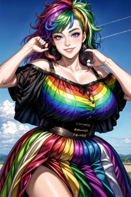 best quality, masterpiece, ultra high res, photorealistic, 1girl, male focus, transgender female, rainbow hair, gay pride flag dress, gender diverse, pride flag, offshoulder, smile, mature, voluptuous, bbw,