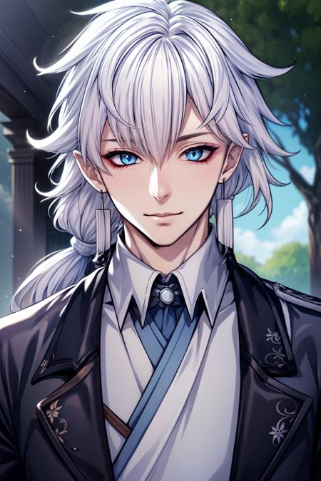 (masterpiece, best quality, ultra-detailed), 1boy, YukioSoY, white hair, blue eyes, pony tail, portrait shot