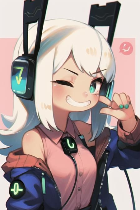 por,1girl,bangs,+ +,jacket on shoulders,grin,white hair,pink shirt,green_nails,headphones,power_symbol,electric_plug,<lora:porforever_v1.0:1>,