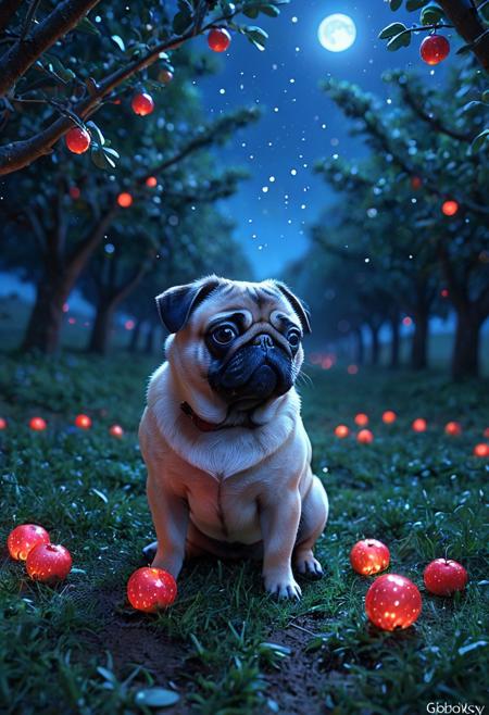 score_9, score_8_up, score_8, masterpiece, cs-cr1stal-v2, midjourneyv6.1, ultra-detailed,(high resolution, octane render), 1pug, pug, ruby firefly, in the night , magical orchard background, bokeh, GHIBSKY style, GHIBSKY style painting,
