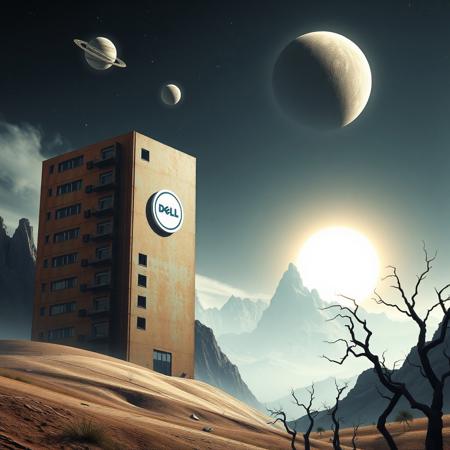 digital artwork featuring a futuristic landscape with a gigantic rusted steel apartment block, resembling a computer server in the foreground. The building, marked with a Dell logo in white, stands on a hill in a barren, undulating terrain. Old windows and balconies are visible on the building. The sky has celestial bodies, orbiting around a bright, glowing sun that casts an ethereal light across the scene. The background showcases jagged, rocky mountains and twisted, leafless trees, adding to the otherworldly atmosphere. .