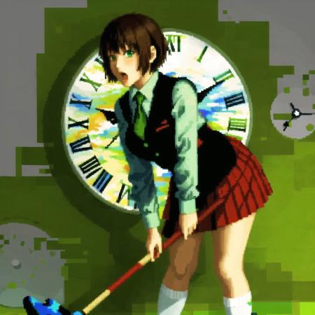 <lora:seleznev_trixel_art:1>, seleznev_trixel_art,  drawing, blur, pixelated, glitch, 


a painting of a fish with a person standing next to it and a clock in the background with a green background, 1girl, bangs, bent over, black footwear, blue skirt, blue socks, blush, breasts, brown hair, brown vest, collared shirt, green eyes, grey background, looking at viewer, looking back, looking through legs, medium breasts, open mouth, pleated skirt, shirt, shoes, short hair, simple background, skirt, sleeves rolled up, socks, solo, standing, upside-down, vest, white shirt