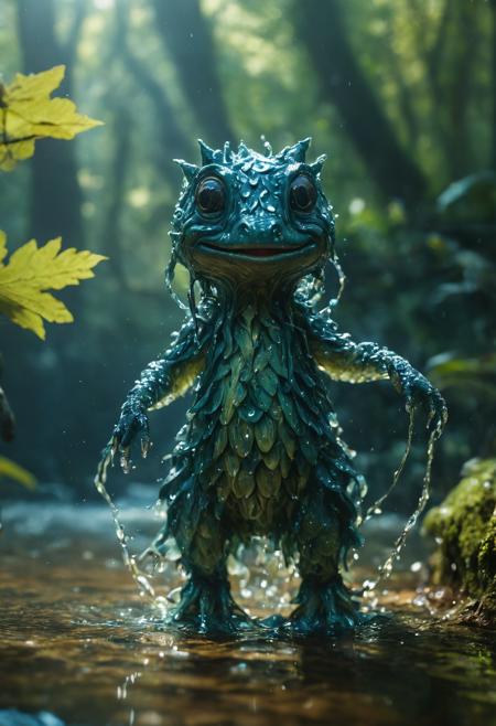 Medium shot, Adorable creature made of water, full water creature, surrealistic, fantasy, moody lighting, best quality, full body portrait, real picture, intricate details, depth of field, in a forest, fujifilm xt3, outdoors, bright day, beautiful lighting, raw photo, 8k uhd, film grain, unreal engine 5, ray tracing