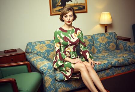 masterpiece portrait of seated woman in 1960s mini dress::1.4, 1960s vintage magazine style::1.2, mid-century retro art::1.1,
(physical description: adult woman seated on armrest of floral sofa, legs crossed, long-sleeved mini dress with bell sleeves, psychedelic green-brown-cream pattern:1.1),
(facial features, expression: neutral expression, facing forward, soft makeup with a subtle 60s flair:1.0),
(clothing details: abstract-patterned mini dress in green, brown, and cream tones, hem mid-thigh, fabric draped naturally:1.0),
(accessories: none prominent, understated style typical of 1960s casual fashion:0.9),
(background setting: mid-century living room with blue and yellow floral sofa, green armchair, wooden coffee and end tables with ashtrays and a vintage lamp:0.9),
(lighting style: warm ambient lighting with slight yellow-orange cast typical of incandescent bulbs:0.8),
(composition and camera framing: straight-on eye-level shot, full figure in seated pose with room elements framed behind:1.0),
(emotional tone or theme: relaxed domesticity with a subtle retro elegance, casual yet composed:0.9),
(technical execution: grainy texture reminiscent of 1960s film photography, slight vignetting, soft shadows:0.8)