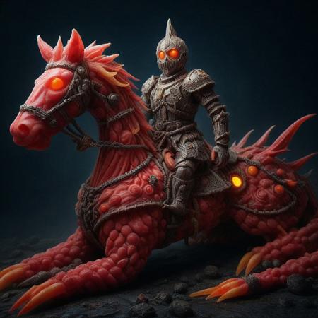 candy, score_10 , score_9_up, score_8_up, score_7_up , score_6_up, a realistic armored knight made of candy is riding a mechanical horse, glowing eyes, candy armor, night background, moon, eerie atmosphere, gothic, grim dark, fantasy art, medieval, detailed armor, eerie glow, full armor, red glowing eyes, cape, rocky ground, fantasy creature, horror theme, fantasy setting, high contrast, detailed textures, ominous, realistic lighting, haunting, eerie glow, medieval fantasy, gothic style, detailed rendering, fantasy character, dark ambiance, eerie environment, fantasy creature, armored knight, glowing eyes, riding horse, knight over horse, realistic castle, castle background, smiling