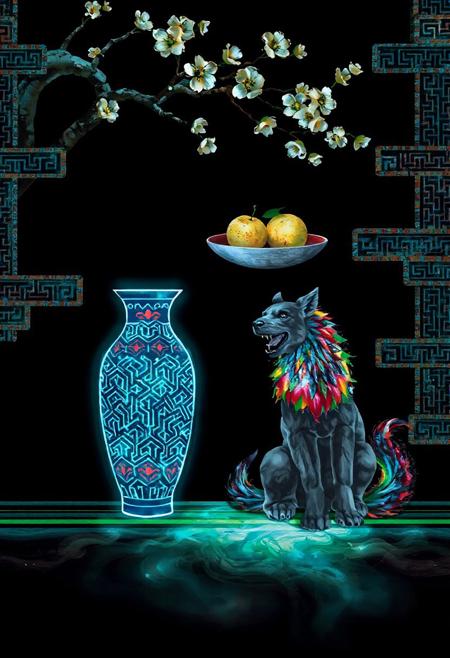 JNANX,luminous white silhouette,cyan glow,emerald highlights,flickering outline,dreamlike movement,rippling colors,drifting embers,infinite black background,psychedelic colors,ethereal,futuristic surrealism,gw,glowing,night,night sky,trippy,
 Generate a digital painting of a still life scene inspired by Korean folk art. The central focus should be a tall vase with a complex geometric pattern in blue and red, resting on a surface with green and black stripes. Next to the vase, show a seated mythical dog or lion-like creature with a grey coat, a colorful mane (red, green, and possibly other colors), and a fierce expression. Above and slightly behind the vase, present a shallow, round dish filled with three textured, pale yellow or white citrus fruits. A branch of a flowering tree, bearing light-colored blossoms, should enter the frame from the upper left. The background should consist of stylized shelves or architectural details with various patterns, including stripes, grids, and meanders, in a palette of blues, reds, greens, and black. The overall style should evoke the decorative and symbolic nature of Chaekgeori paintings.
