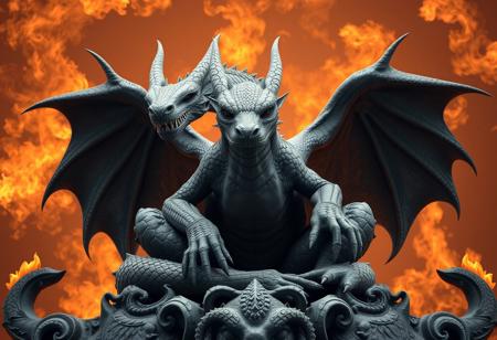 Create a high-quality, photorealistic portrait of a grizzled, flat grey dragon sitting cross-legged on a statue of the wicked, surrounded by skyfire. The dragon should have a smug grin, a small straight nose, and intricate details. Incorporate cinematic lighting with a symmetrical balance. The output should be a beautiful, detailed image with a size difference between the dragon and the statue, showcasing the dragon's power. Use artist Maiko's style as a reference, with a professional photo quality akin to Kodak. Incorporate Octane render and HD film grain for a cinematic feel. The final image should be in black and white, with a focus on intricate details and a sense of pure imagination.