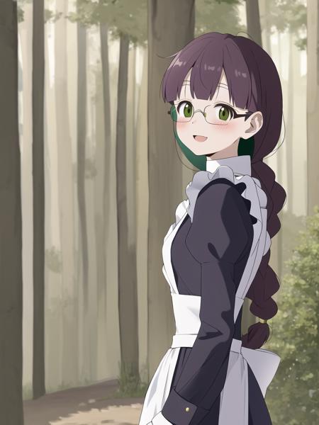 masterpiece, best quality,  <lora:DIY_all_mains-20:0.6>,  (takumi hikage), (forest), (maid outfit), (blush), (happy), glasses