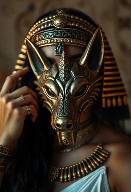 (Soft Lighting Photography by Mimoza Veliu and Mario Giacomelli:1.2), NSFW, 
With main theme color of ember, white and black, a photo portrait depicts an ancient Egyptian princess in holding an Anubis Wolf mask which covering half of her face, sexy, Egyptian elements, gold