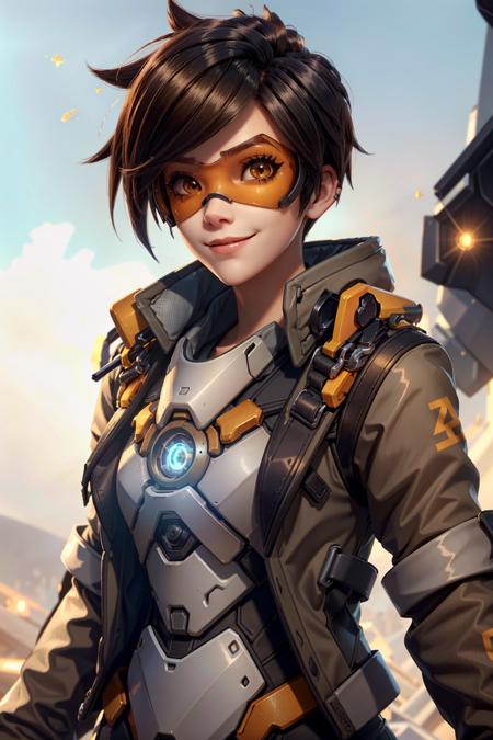 TracerOver, 1girl, solo, tracer (overwatch), brown hair, smile, short hair, goggles, orange goggles, jacket, spiked hair, looking at viewer, gradient background, gradient, brown eyes, upper body, piercing, brown jacket, bangs, ear piercing, bomber jacket, grin, parted lips
<lora:epi_noiseoffset2:1>,   <lora:TracerOver:0.7>