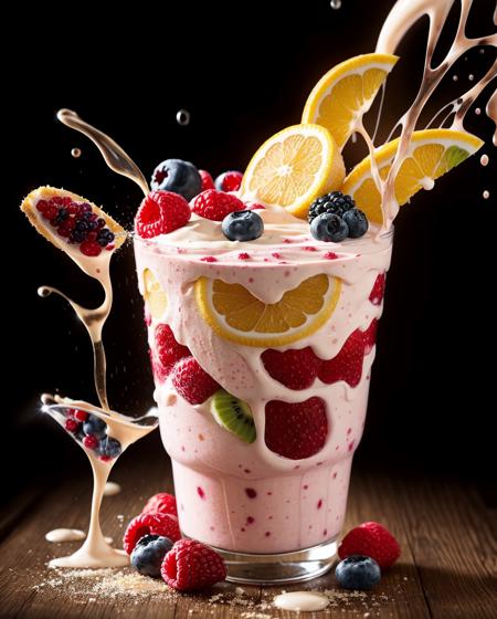 mix fruit and berries, fruits splash milk mixed fruit milkshake, hyper realistic, dramatic lighting , fruit, liquid splashes, merging, melting, splashing, droplets, mixing, fading away, exploding, swirling, intricate detail, modelshoot style, dreamlikeart, dramatic lighting. 8k, highly detailed, trending artstation, Slpash