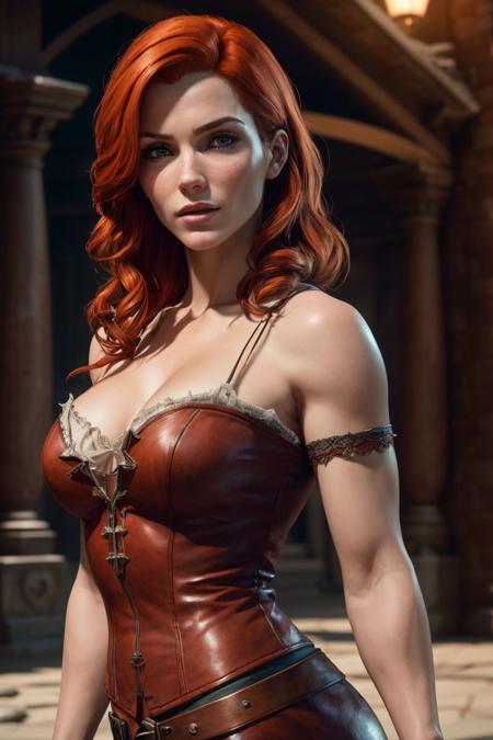 a photo of an attractive S034_IrineMeier, as (Triss Merigold), (8k, RAW photo, best quality, ultra high res, photorealistic, masterpiece, ultra-detailed, Unreal Engine)