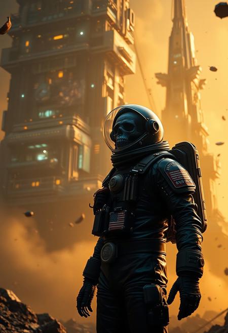A cinematic shot of an undead lich astronaut in a vibrant metallic black spacesuit standing in the foreground, with a massive, ziggurat spacestation as the backdrop. The spacestation is adorned with numerous lights, windows, and technical details. The astronaut's suit is equipped with various gadgets and patches. The atmosphere is filled with floating debris and a hazy golden glow