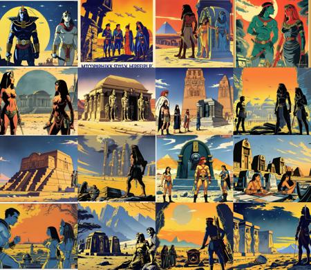 atompunk style Egyptian tomb, sarcophagi, hieroglyphs, dusty stone, pulp-diffusion style, wires, starred sky, poster, clean lines, sharp focus , monumental, Michael Garmash and Rob Rey, stonepunk vector-art, Milton Caniff, Bernard Buffet