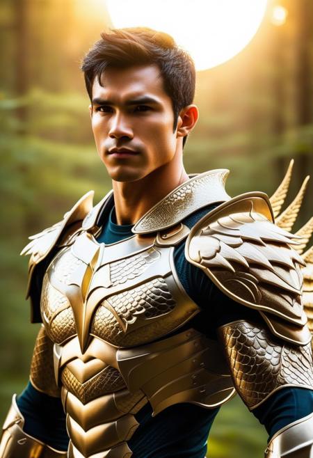 breathtaking human angel hybrid, human head, gold dragon armor (scale skin), dragon eyes, perfect jawline, halo, nimbus, wings, male focus, full body, standing, fit-muscular, aesthetic physique, abs, wide torso, thin waist, (lean:1.5) (slender:1.4) (slim:0.1), proportional muscle definition, abs, ultra highest detailed face. heaven forest background, sun lighting, professional, highly detailed, view from above.